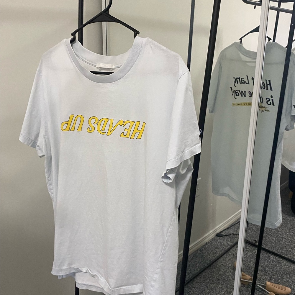 White T-Shirt with Yellow 'HEADS UP' Print